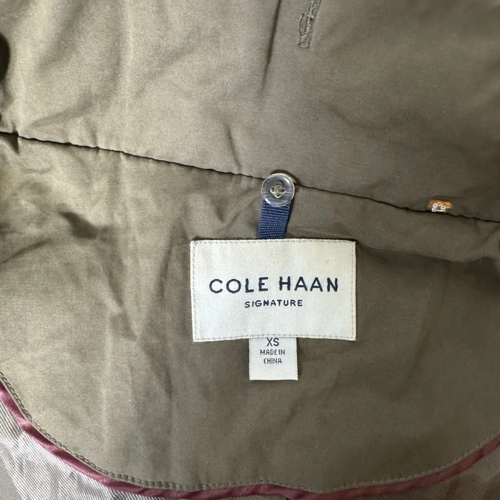 Cole Haan Signature Olive Down Puffer Jacket XS | Gold Zip Hooded‎ Quilted Coat